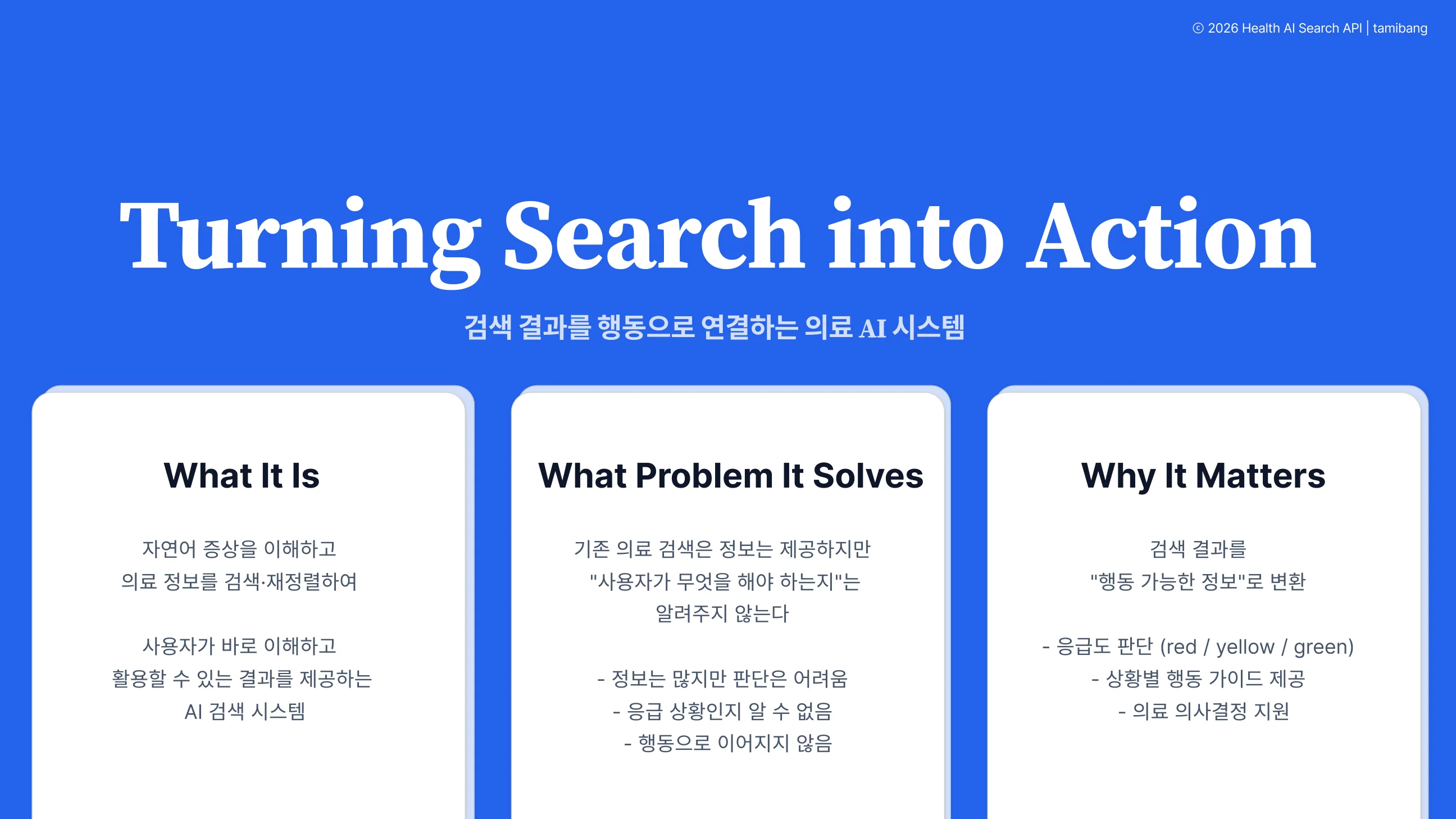 Health AI Search API slide explaining how search results become actionable medical guidance