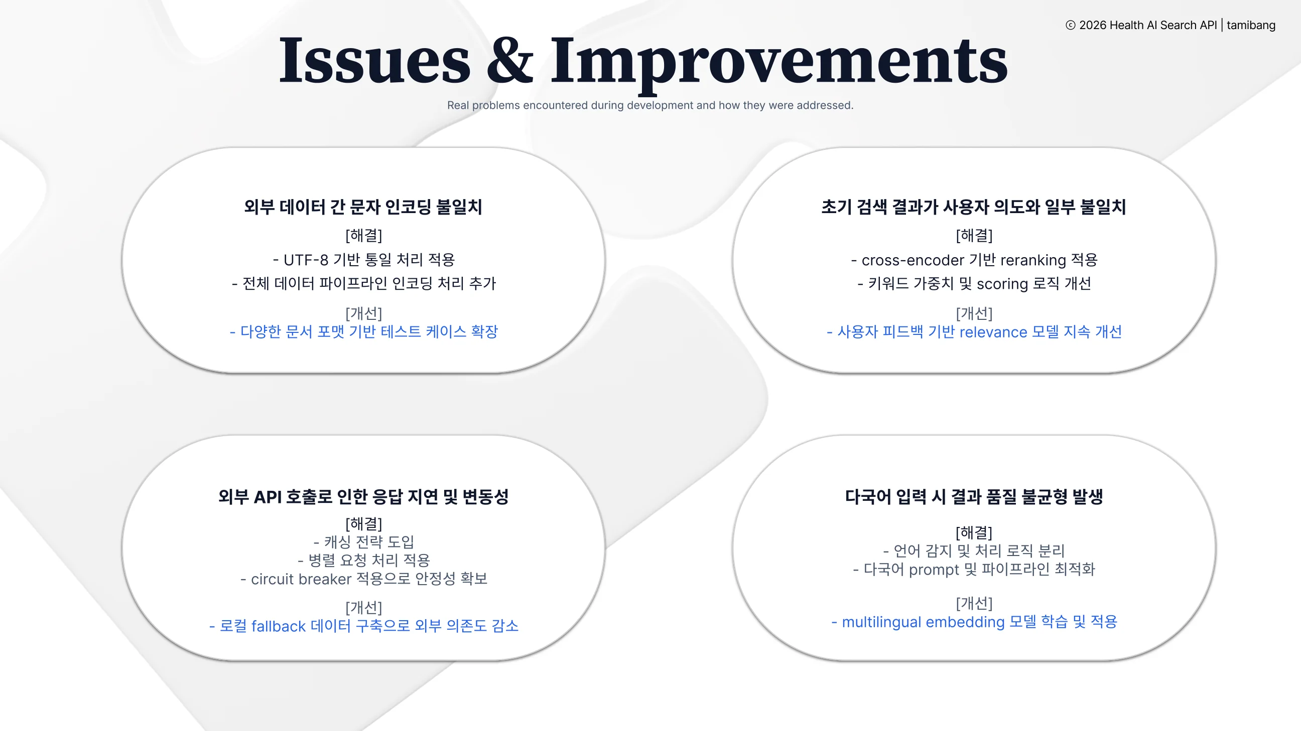 Health AI Search API slide summarizing encoding, search relevance, API latency, and multilingual quality issues with improvements